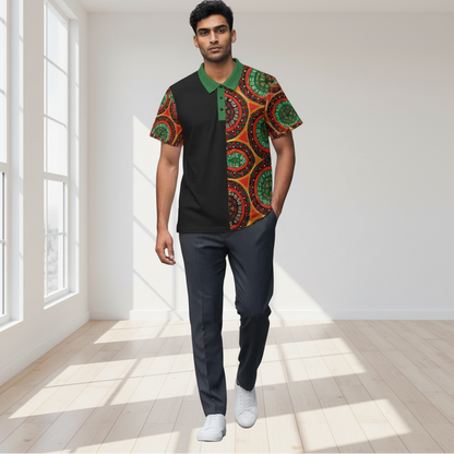 African Mandala Print Polo — Half-Panel Geo Pattern Golf Shirt