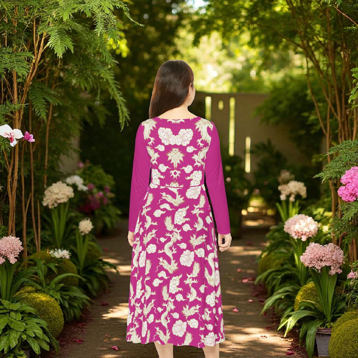 Pink Floral & Gragon Print Long Sleeve Dance Dress | Boho Style, Vintage Inspired