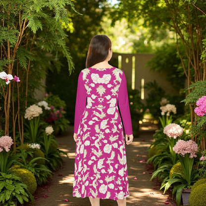 Pink Floral & Gragon Print Long Sleeve Dance Dress | Boho Style, Vintage Inspired
