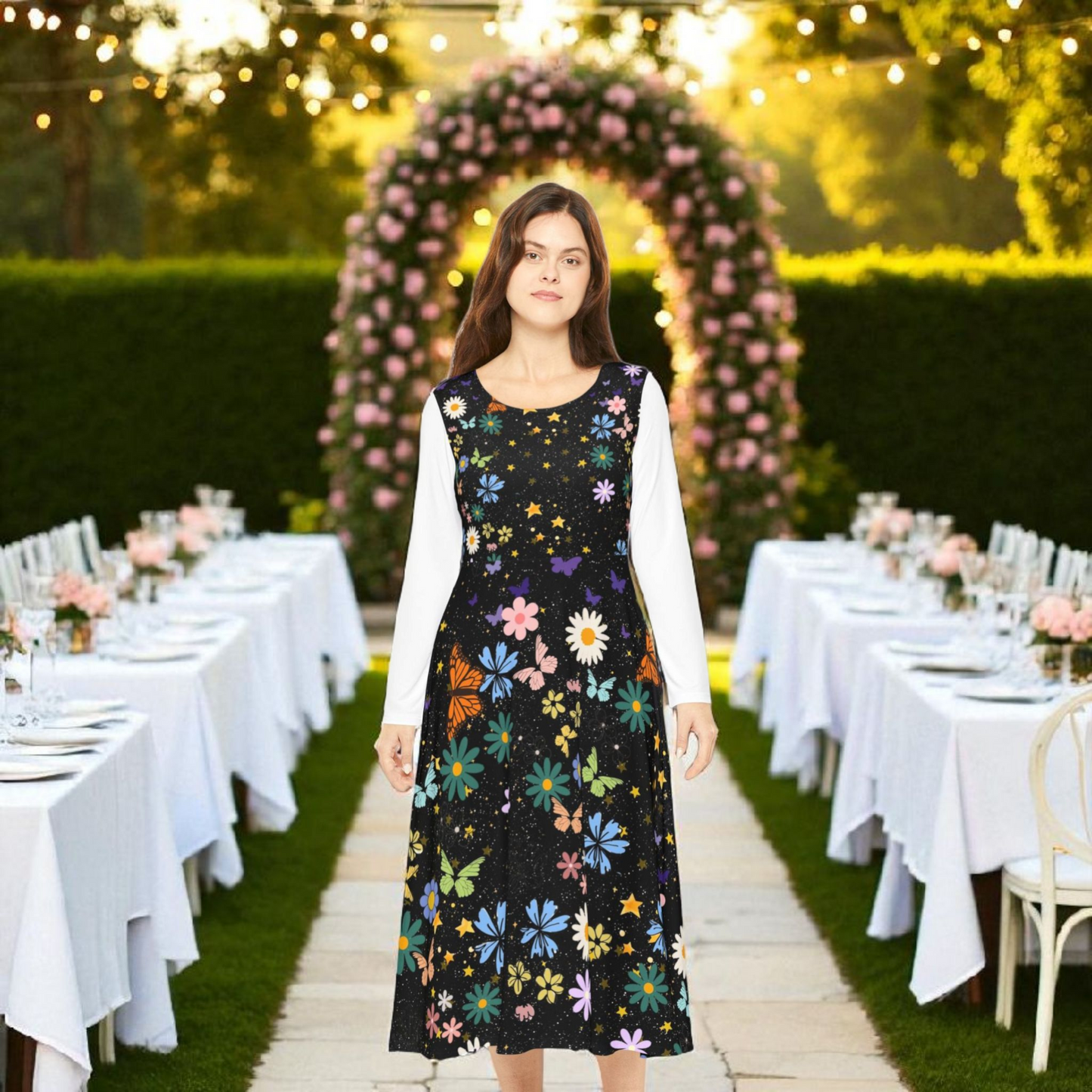 Celestial Floral Long Sleeve Dance Dress - Perfect for Parties, Events, Spring Celebrations