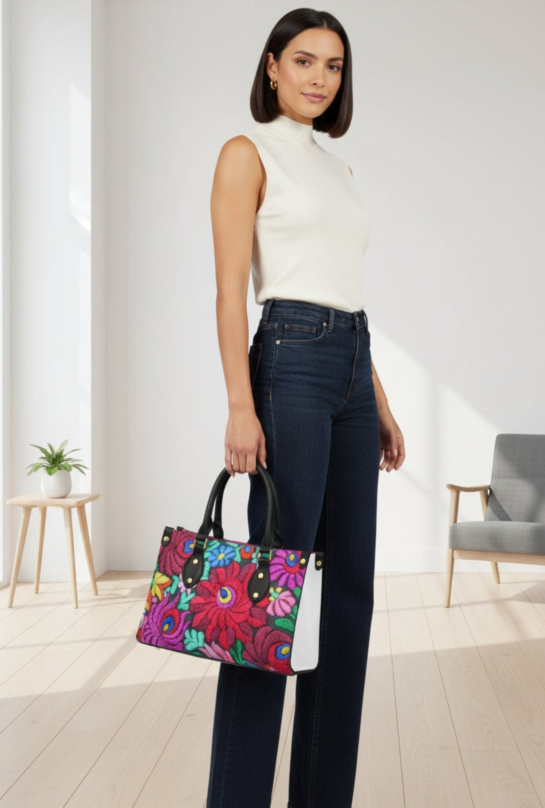 Floral Embroidery Inspired Women's Tote Bag With Black Handle