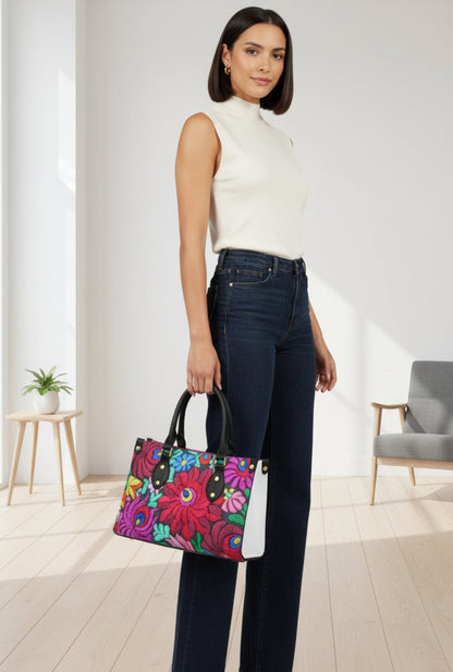 Floral Embroidery Inspired Women's Tote Bag With Black Handle