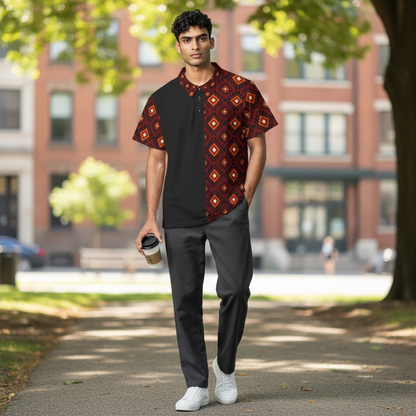 Patterned Polo Shirt — Red Geometric Diamond Print