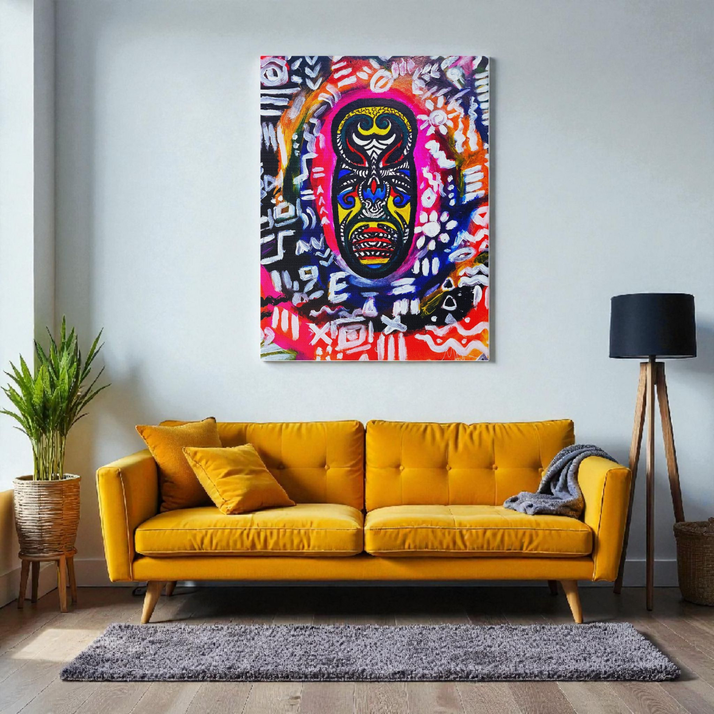 Artisan Tribal Mask Painting on Matte Stretched Canvas, Eco-Friendly Wall Art for Home Decor
