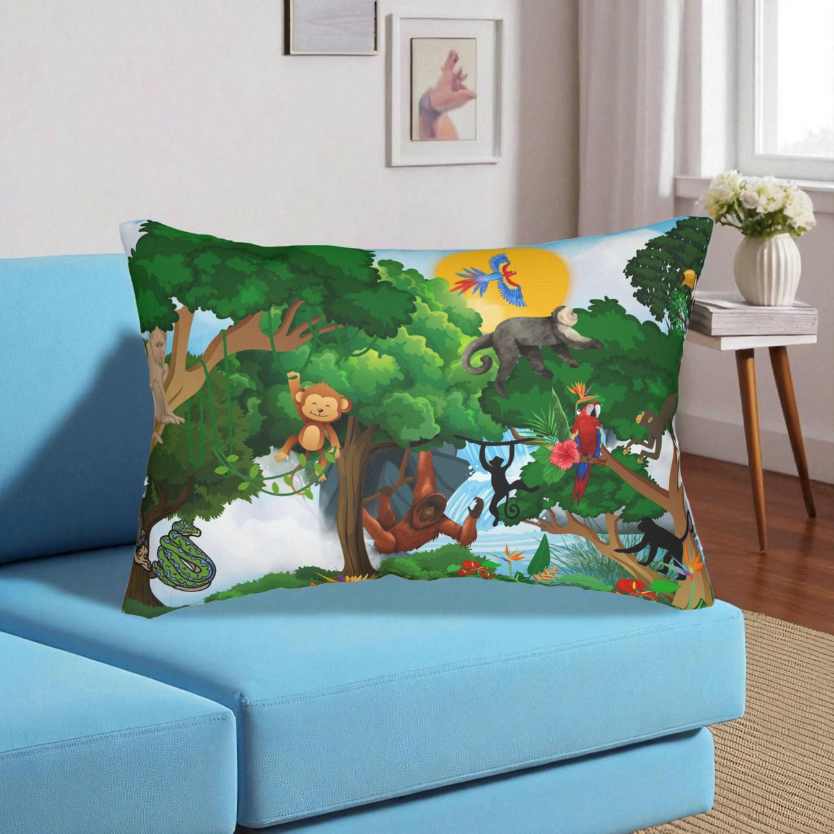 Jungle Adventure Lumbar Pillow - Colorful Wildlife Decor Printify