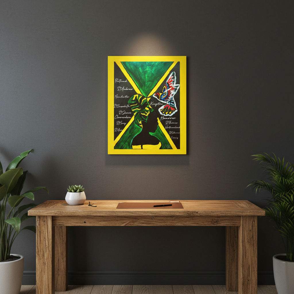 Handcrafted Ethnic Wall Art - Jamaican Female Portrait with Flag Colors, Cultural Home Accent Teespring