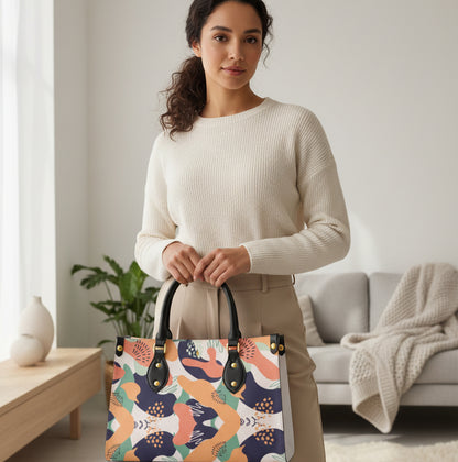 Colorful Patterned Women's Tote Bag With Black Handle
