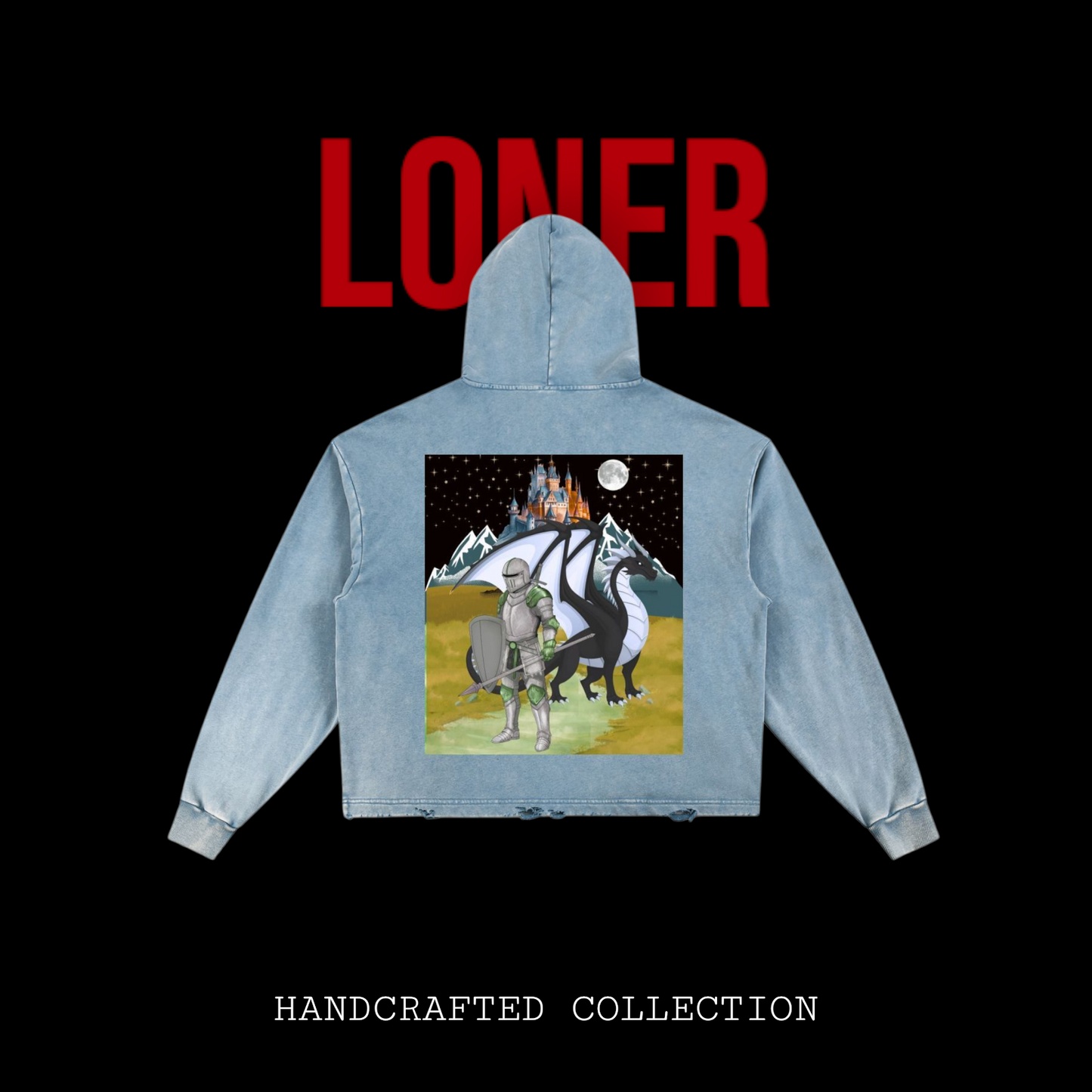 Medieval Dragon Themed Graphic Vintage Washed Frayed-Hem Hoodie