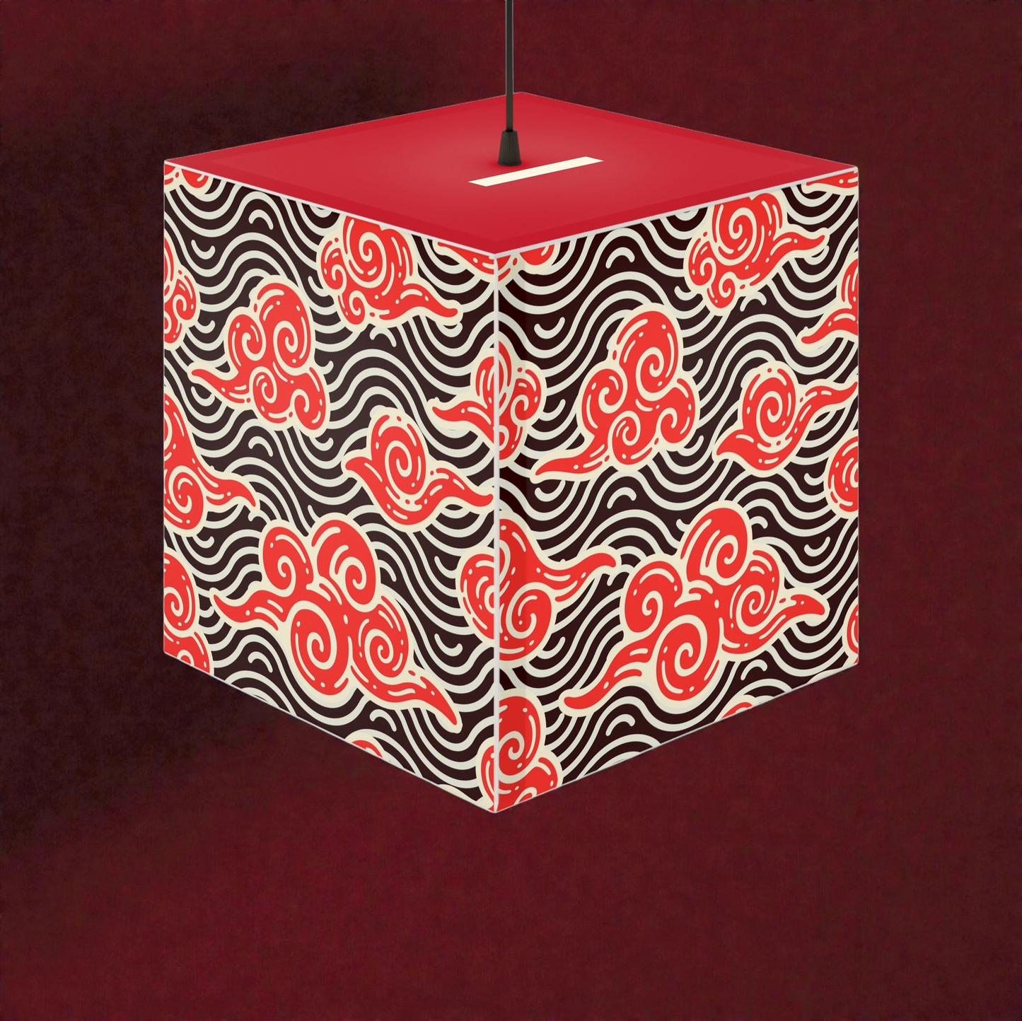 Japanese Wave Cube Lamp — Red Kumo Pattern Light