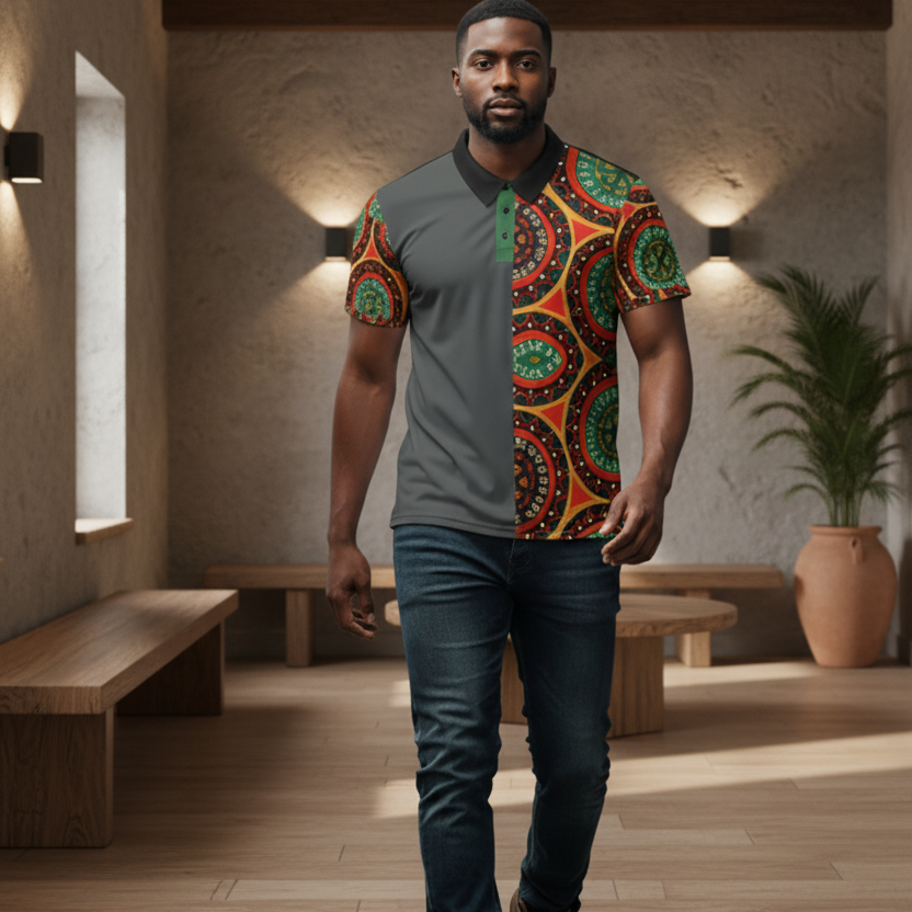 African Mandala Print Polo Shirt — Bold Orange & Green Tribal Pattern Printify