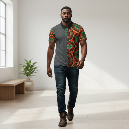 African Mandala Print Polo Shirt — Bold Orange & Green Tribal Pattern