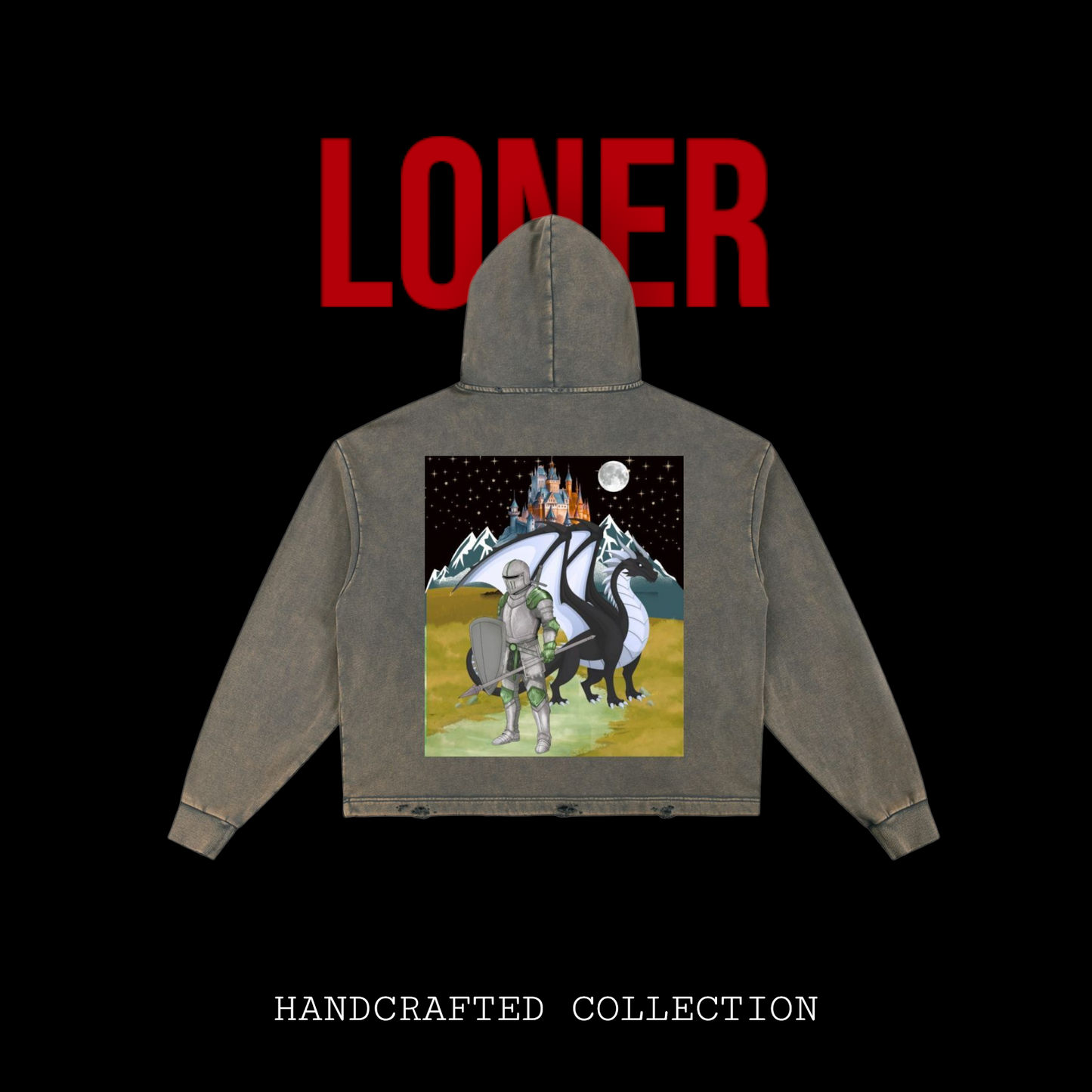 Medieval Dragon Themed Graphic Vintage Washed Frayed-Hem Hoodie