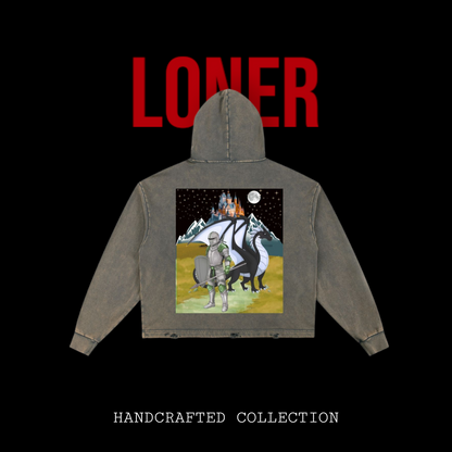 Medieval Dragon Themed Graphic Vintage Washed Frayed-Hem Hoodie