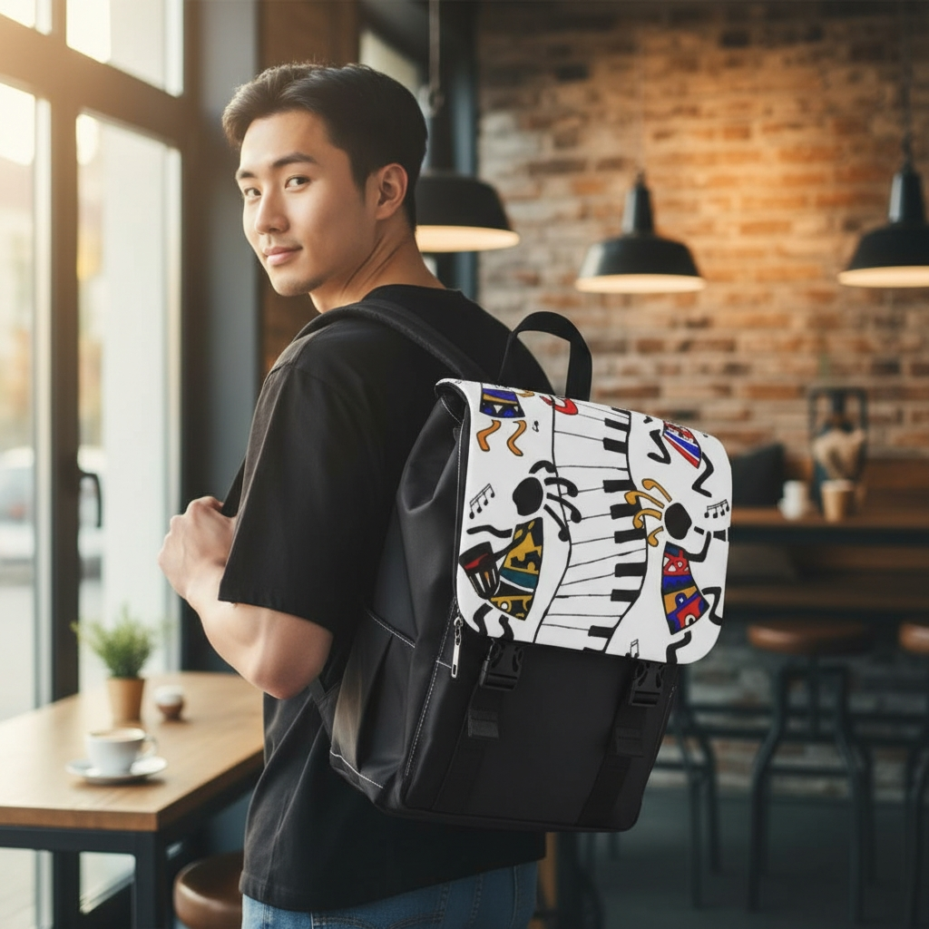 Artistic Music Design Backpack - Handcrafted, Spacious Oxford Canvas Bag