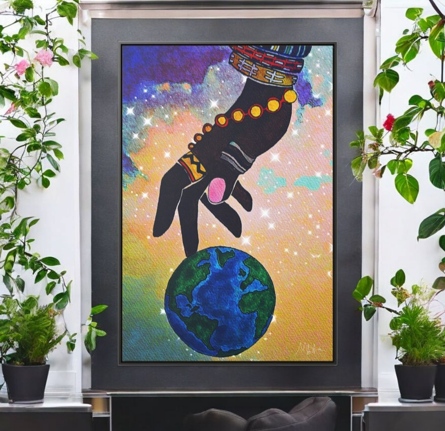 Cosmic Ethnic Wall Art - Handcrafted Astronomical Painting, Unique Space-Themed Decor, Vertica Frame