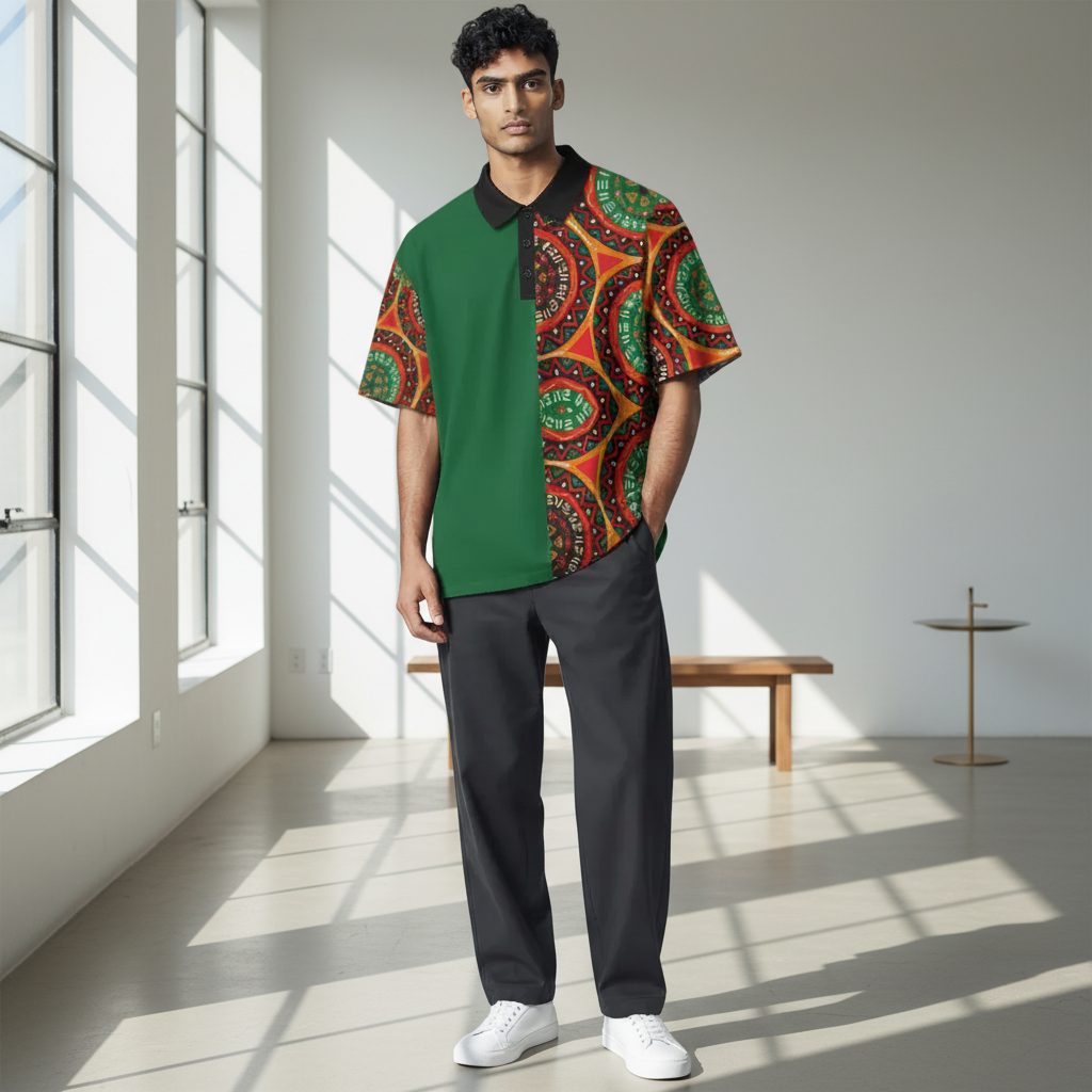 African Mandala Print, Unisex Polo Shirt — Bold Orange & Green Tribal Pattern