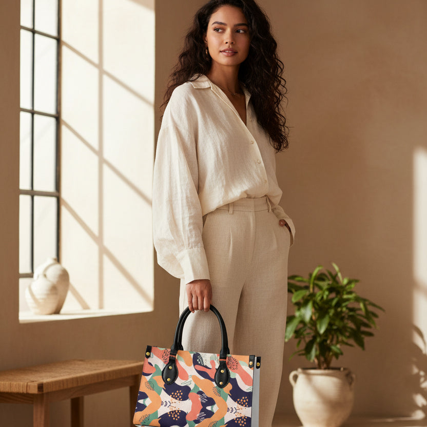 Women's Tote Bag Featuring a vibrant, Patterned Design and Black Handles. Yoycol