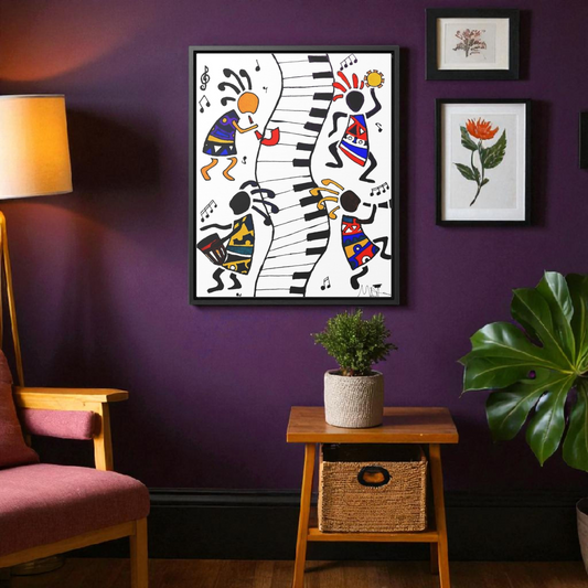 Tribal Music Wall Art, Original Hand Drawn Piece, Cultural Home Decor, Vertical Frame