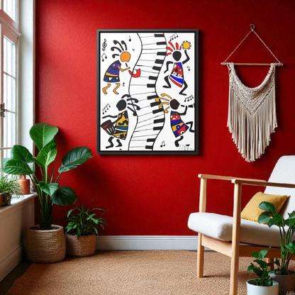 Tribal Music Wall Art, Original Hand Drawn Piece, Cultural Home Decor, Vertical Frame