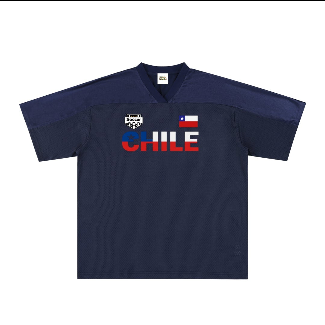 Chile Flag Themed Graphic Mesh V-Neck Soccer Jersey