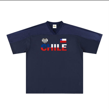 Chile Flag Themed Graphic Mesh V-Neck Soccer Jersey