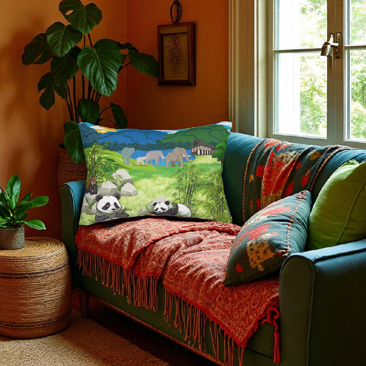 Cozy Wildlife Lumbar Pillow - Nature-Inspired Panda & Elephant Design Printify