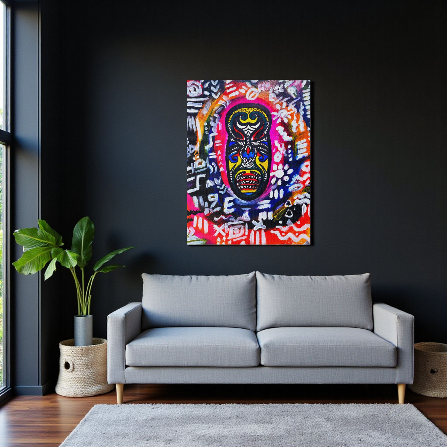 Artisan Tribal Mask Painting on Matte Stretched Canvas, Eco-Friendly Wall Art for Home Decor