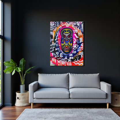 Artisan Tribal Mask Painting on Matte Stretched Canvas, Eco-Friendly Wall Art for Home Decor