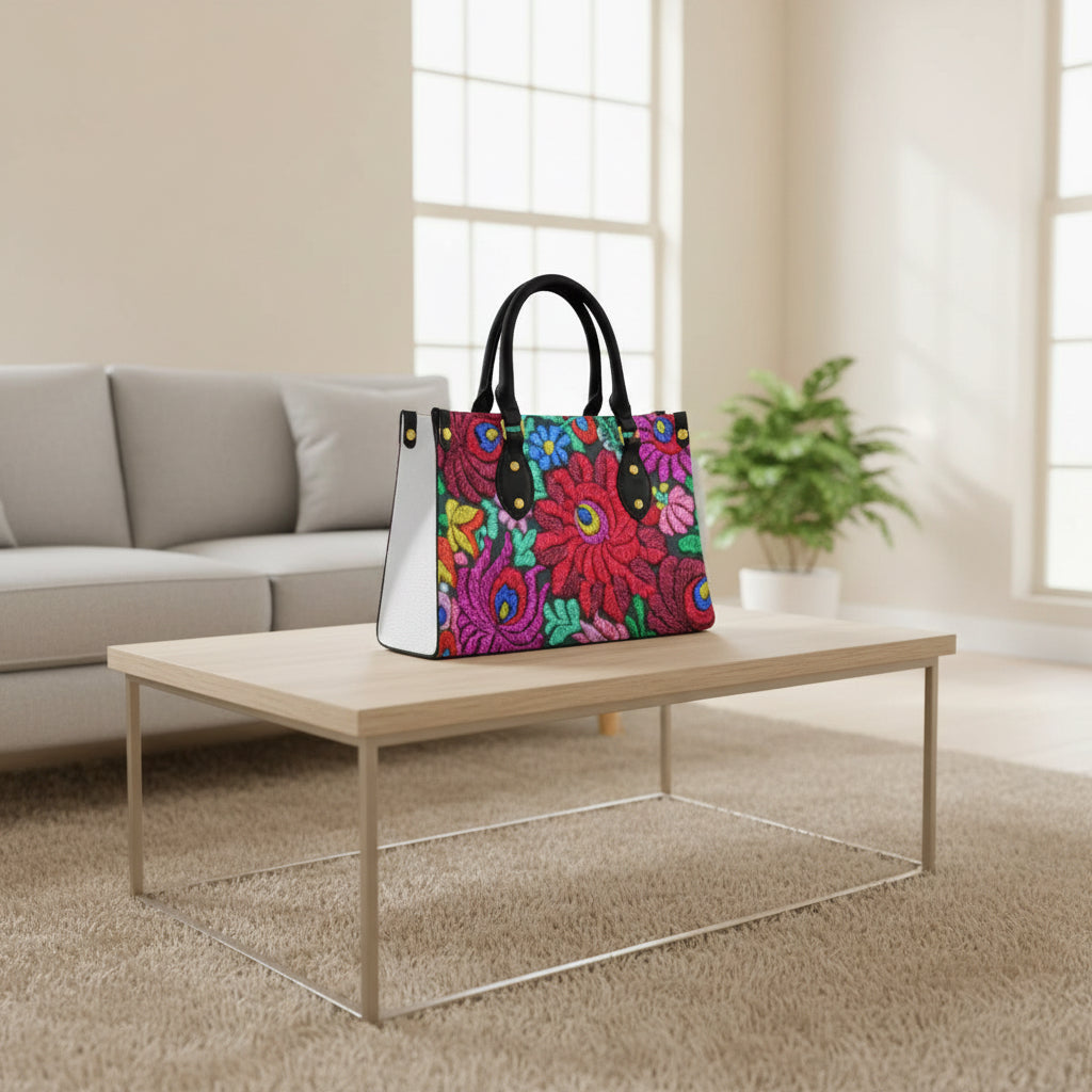 Floral Embroidery Inspired Women's Tote Bag With Black Handle