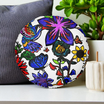 Colorful Round Tufted Floor Pillow with Hand Drawn Botanicals- Soft Accent Piece