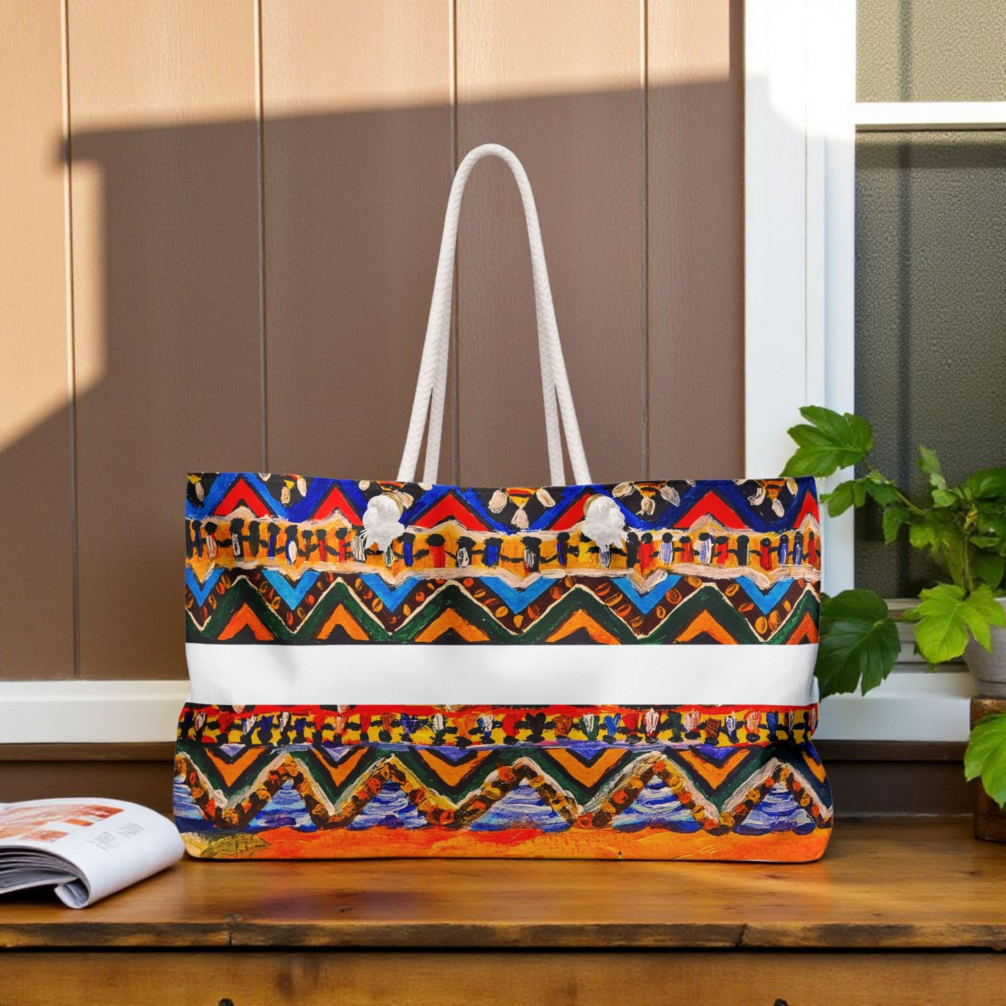 Artisan Aztec Textile Weekender Bag - Oversized, Durable Tote with Rope Handles