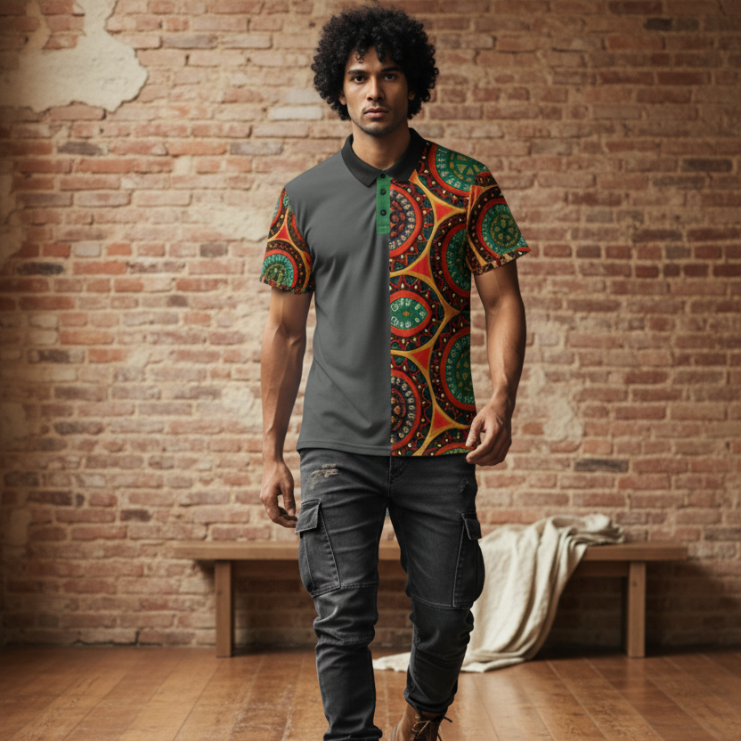 African Mandala Print Polo Shirt — Bold Orange & Green Tribal Pattern Printify