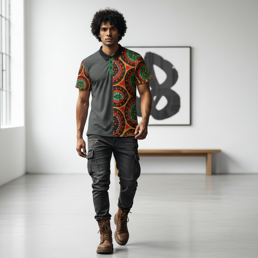 African Mandala Print Polo Shirt — Bold Orange & Green Tribal Pattern