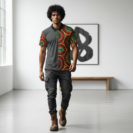 African Mandala Print Polo Shirt — Bold Orange & Green Tribal Pattern