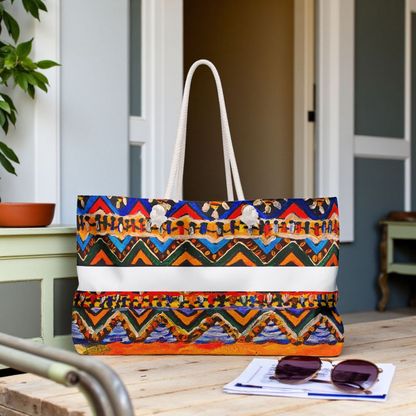 Artisan Aztec Textile Weekender Bag - Oversized, Durable Tote with Rope Handles