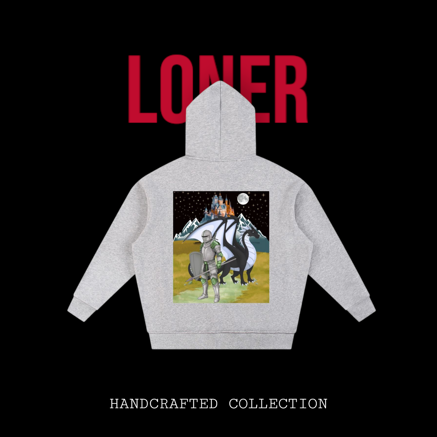 Medieval Knight and Dragon Graphic Hoodie, Sun Fade Contrast Tape Fleece Hoodie