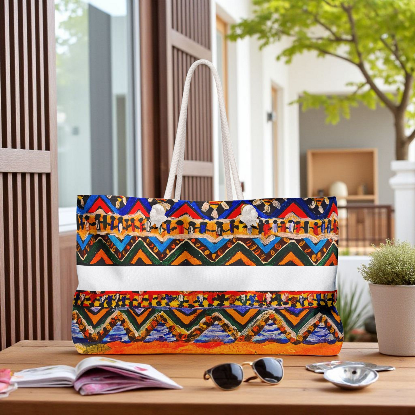 Artisan Aztec Textile Weekender Bag - Oversized, Durable Tote with Rope Handles