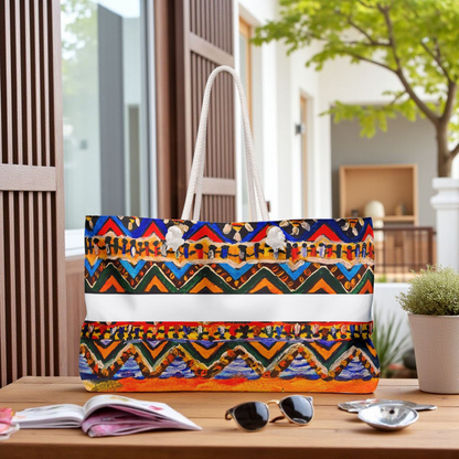 Artisan Aztec Textile Weekender Bag - Oversized, Durable Tote with Rope Handles