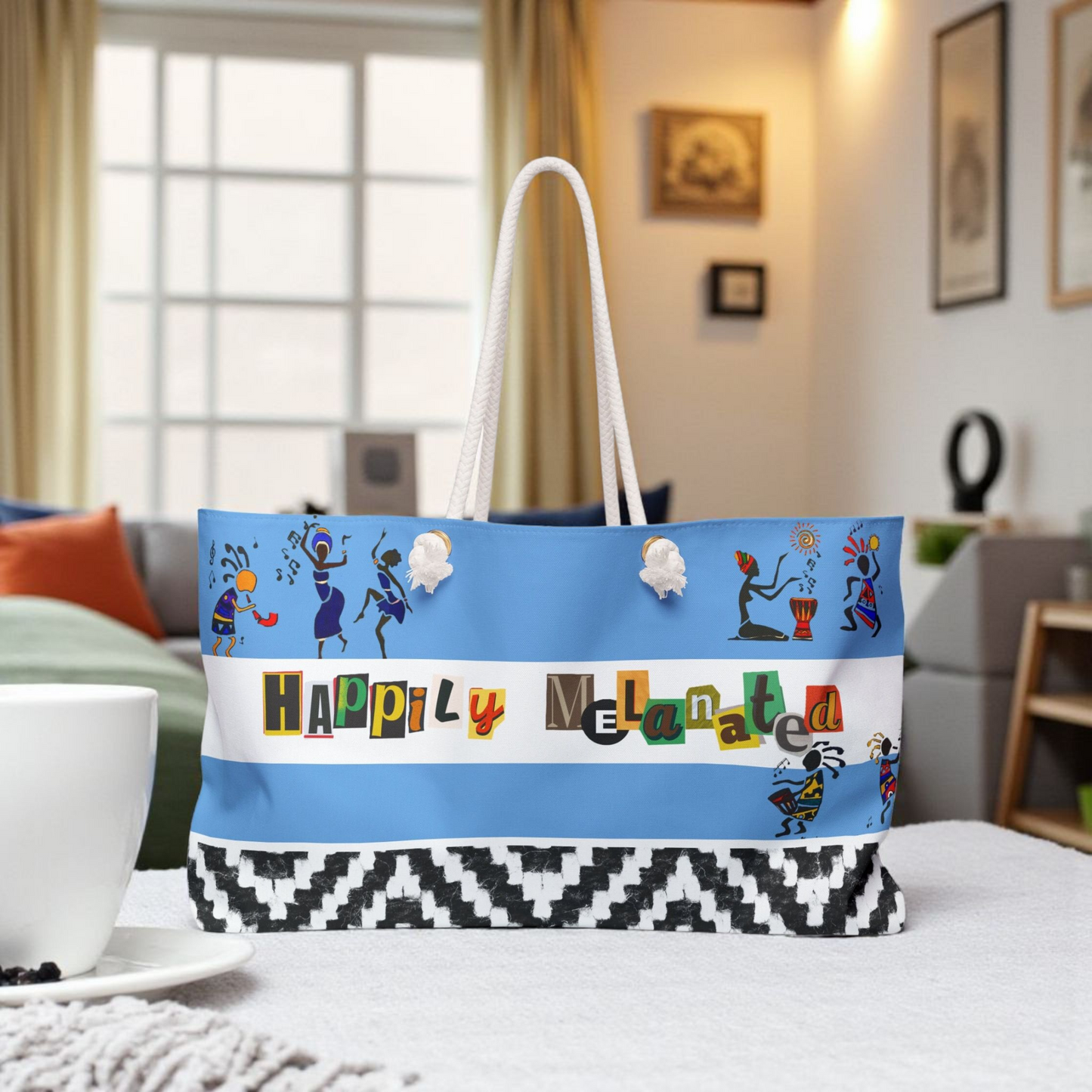 Handcrafted Ethnic Music Art Weekender Bag - Oversized, Durable Tote with Rope Handles