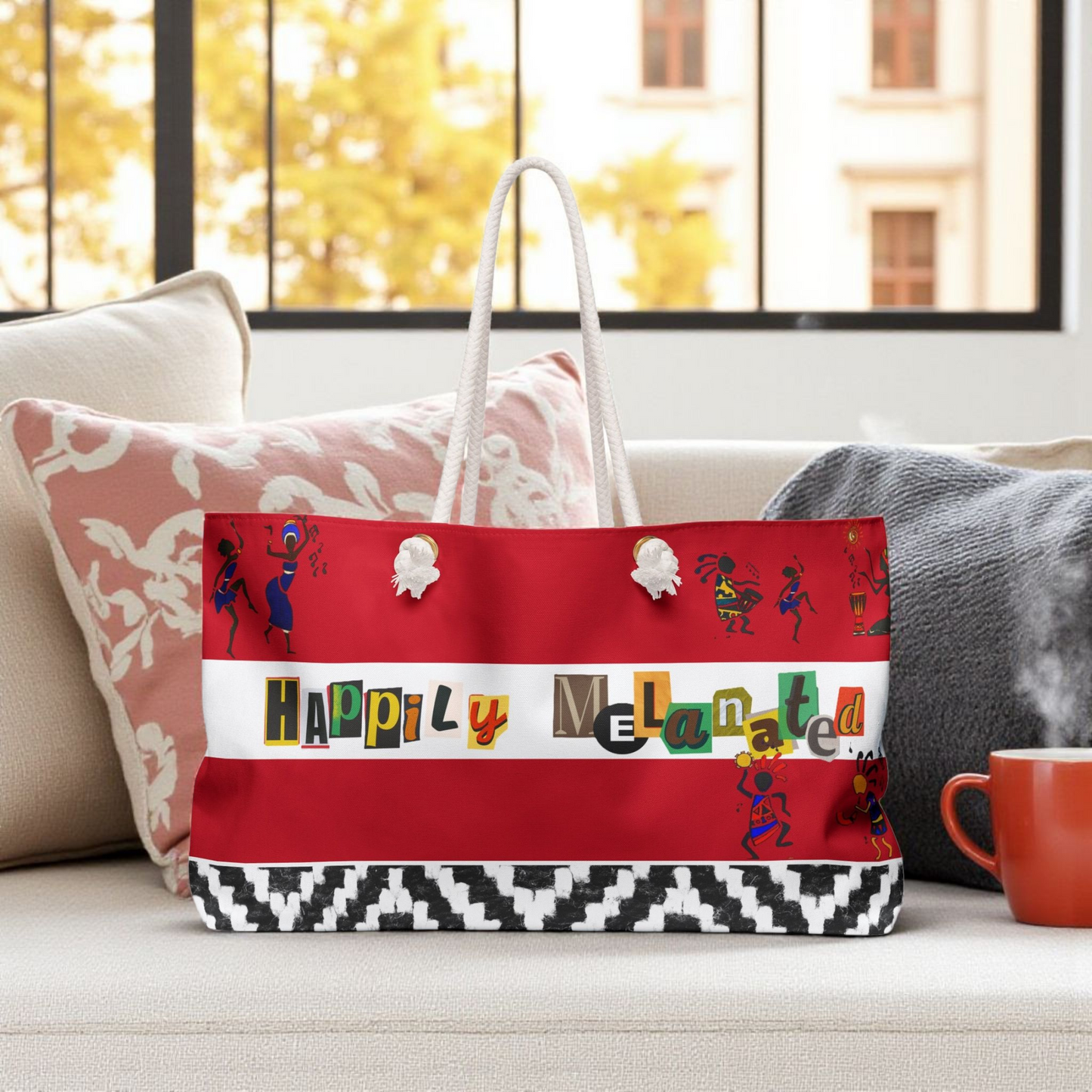 Handcrafted Ethnic Music Art Weekender Bag - Oversized, Durable Tote with Rope Handles