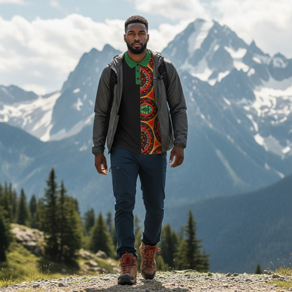 African Mandala Print Polo — Half-Panel Geo Pattern Golf Shirt