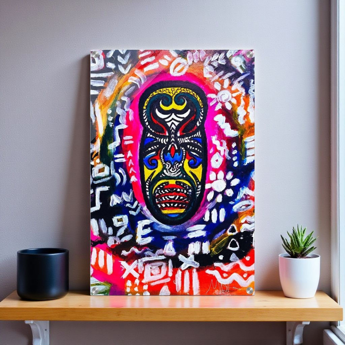 Vibrant Tribal Mask Painting,  Acrylic Print - Authentic Handcrafted Decor