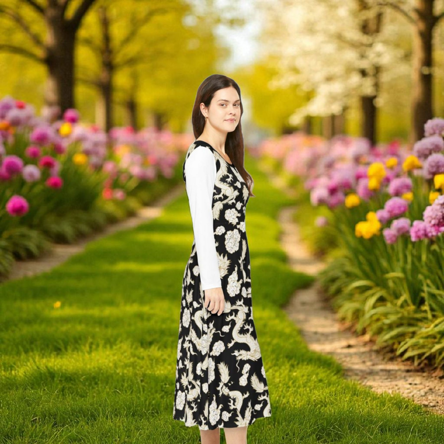 Elegant Dragon Print Long Sleeve Dance Dress | Boho Style, Dance Wear, Vintage Inspired