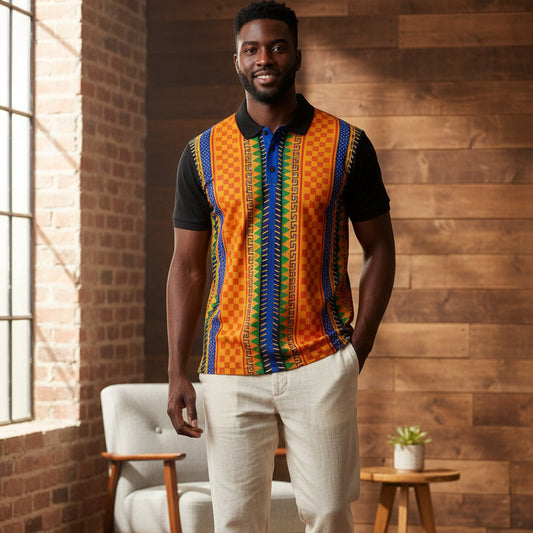 African Kente Stripe Polo Shirt — Vibrant Cultural Print Golf Polo