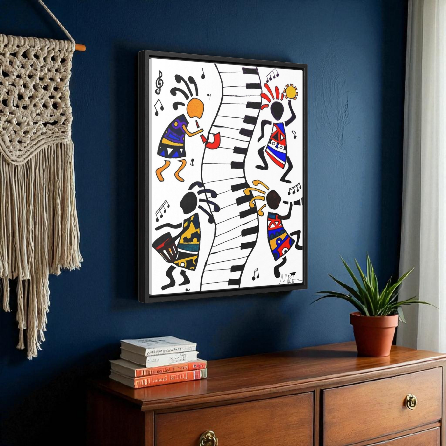 Tribal Music Wall Art, Original Hand Drawn Piece, Cultural Home Decor, Vertical Frame