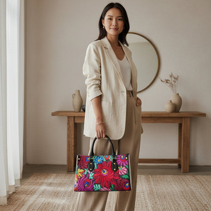 Women's Tote Bag Featuring Floral Embroidery Print and Black Handles