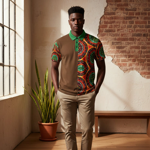 African-Inspired Half-Print Polo Shirt — Bold Tribal Mandala Design Printify