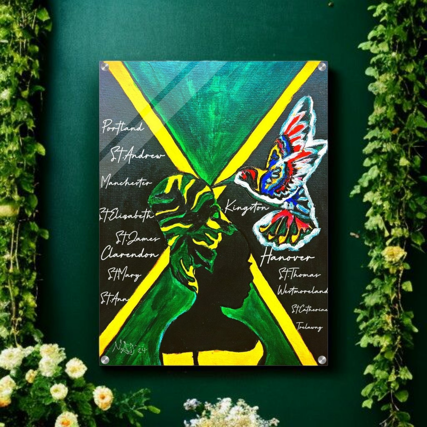 Hand Drawn Wall Art with Jamaican Woman, Original Acrylic Painting for Bohemian