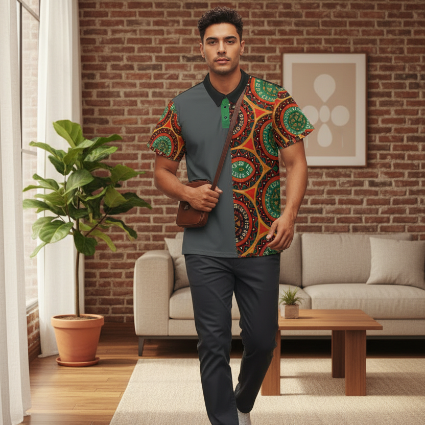 African Mandala Print Polo Shirt — Bold Orange & Green Tribal Pattern Printify