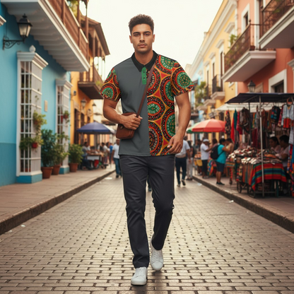 African Mandala Print Polo Shirt — Bold Orange & Green Tribal Pattern